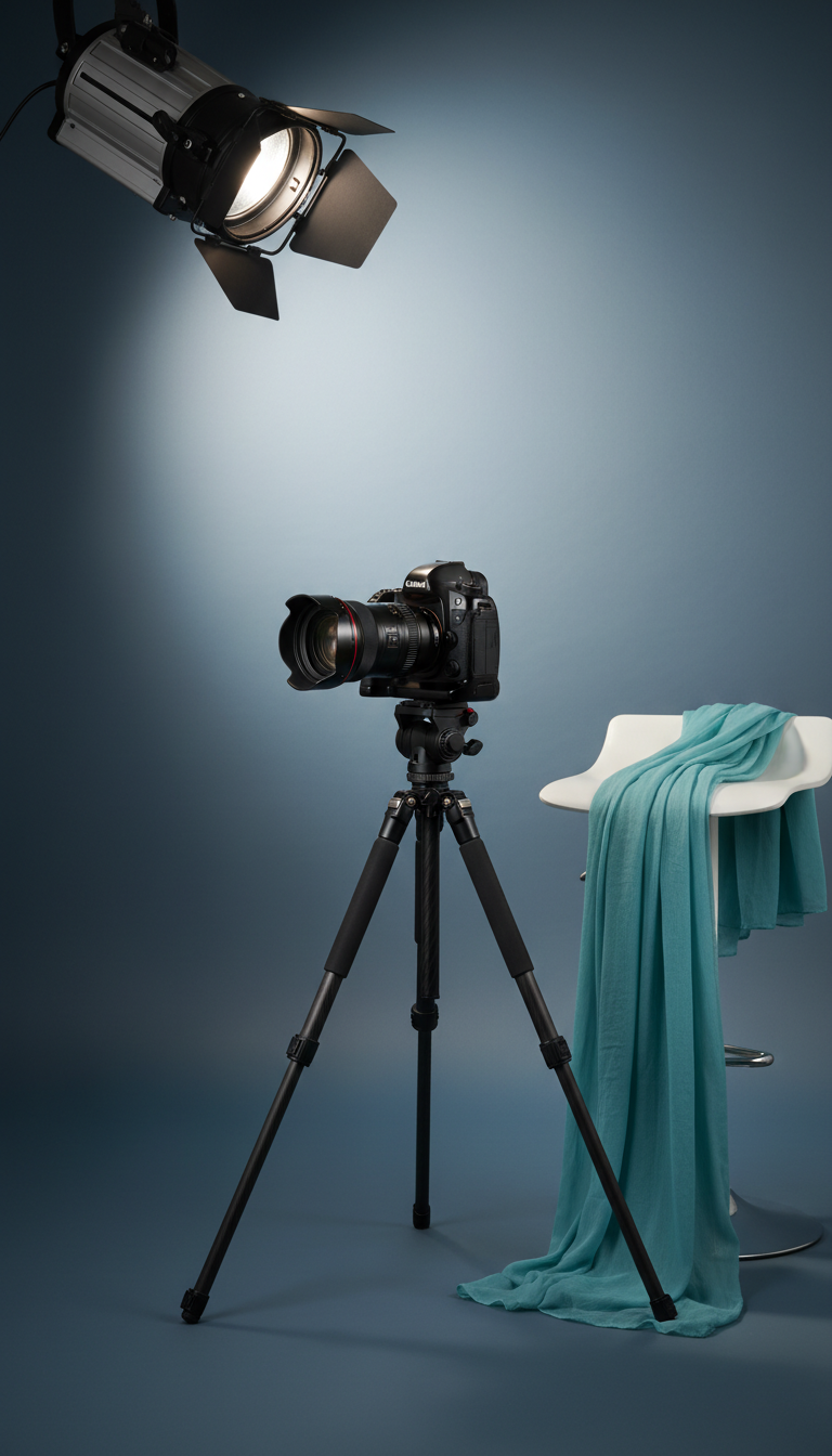 A glossy high-end camera balanced on a tripod stands in front of a minimalist backdrop with gradient tones from silver to slate blue, symbolizing a professional headshot setup. The set includes a softly draped teal scarf on a stool and a theatrical spotlight angled to cast a smooth, diffused illumination across the scene, creating subtle rim lights and minimizing harsh shadows. Photographed from a side angle, the composition is balanced and crisp, evoking the polished, aspirational world of performance portfolios in a modern and inviting manner.
